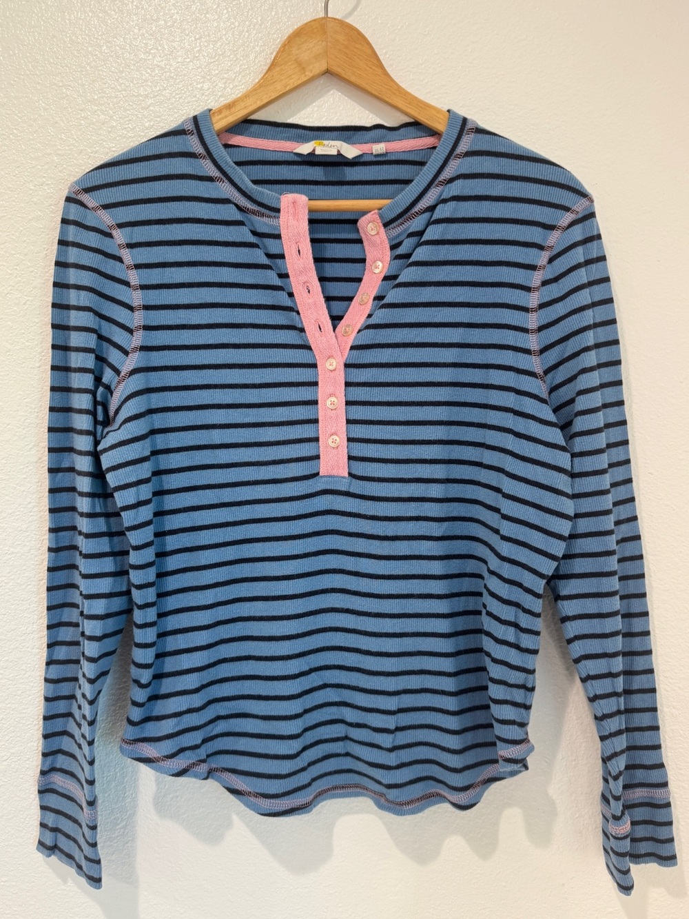Boden Blue Striped Ribbed Waffle Knit Henley Top Pink Trim Y2K Preppy Chic 12